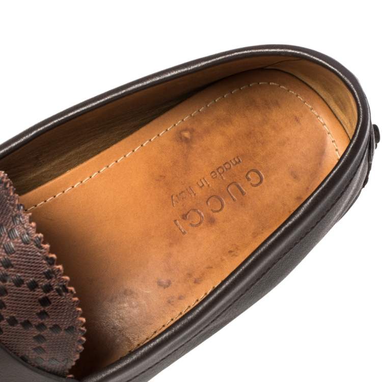 Pre Owned Gucci Dark Brown Diamante Leather Slip On Loafers Size 45