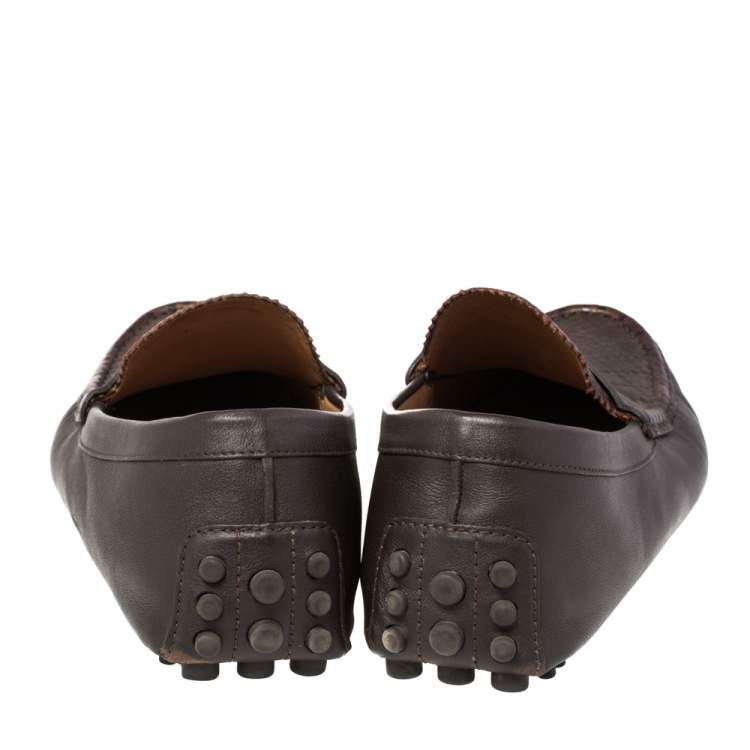 Pre Owned Gucci Dark Brown Diamante Leather Slip On Loafers Size 45