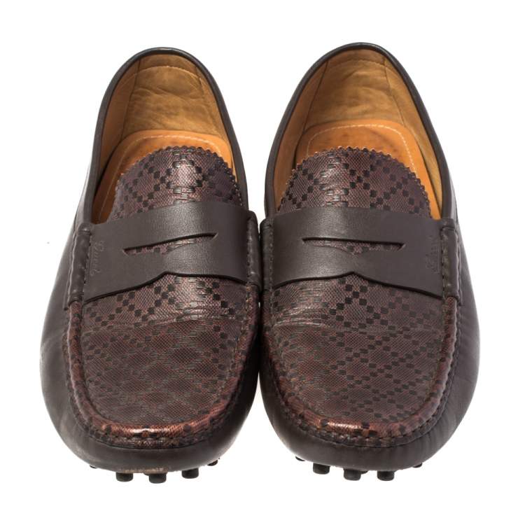 Pre Owned Gucci Dark Brown Diamante Leather Slip On Loafers Size 45