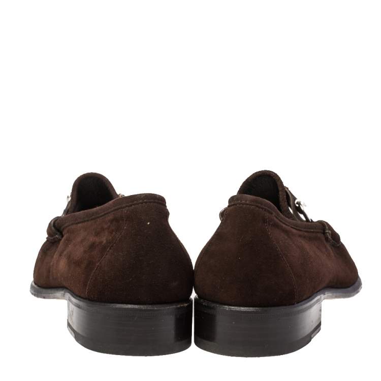 Pre Owned Gucci Dark Brown Suede Horsebit Loafers Size 42