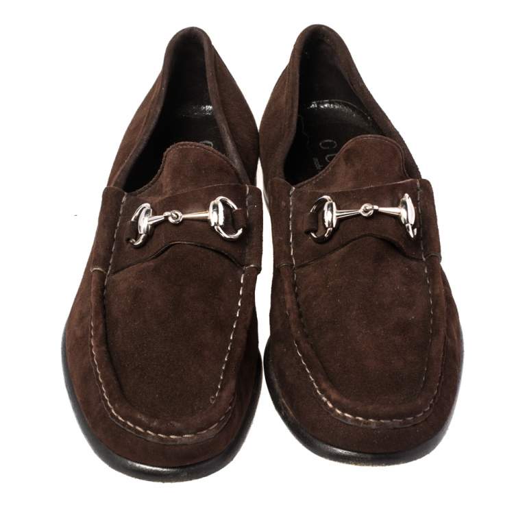 Pre Owned Gucci Dark Brown Suede Horsebit Loafers Size 42