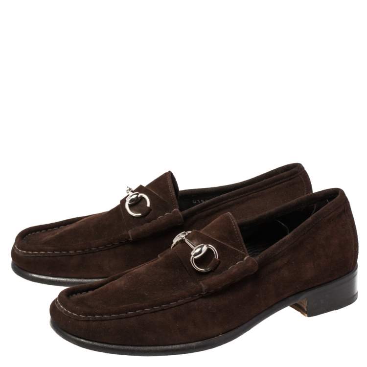 Pre Owned Gucci Dark Brown Suede Horsebit Loafers Size 42