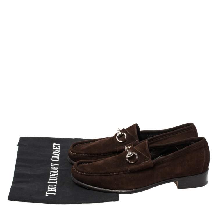 Pre Owned Gucci Dark Brown Suede Horsebit Loafers Size 42