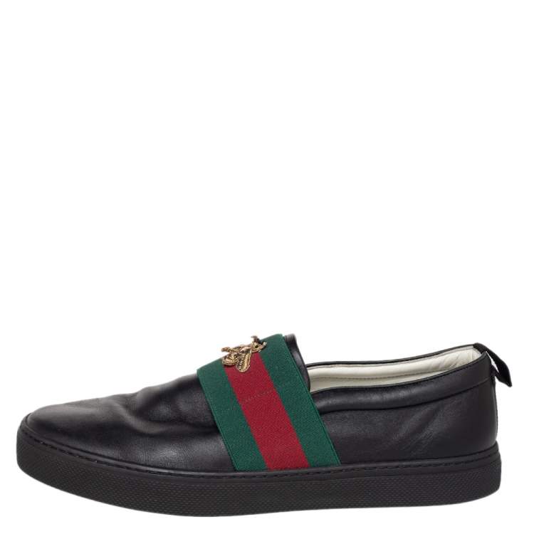 Pre Owned Gucci Black Leather Web and Bee Slip On Sneakers Size 45