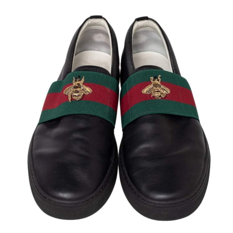 Pre Owned Gucci Black Leather Web and Bee Slip On Sneakers Size 45