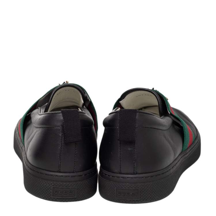 Pre Owned Gucci Black Leather Web and Bee Slip On Sneakers Size 45