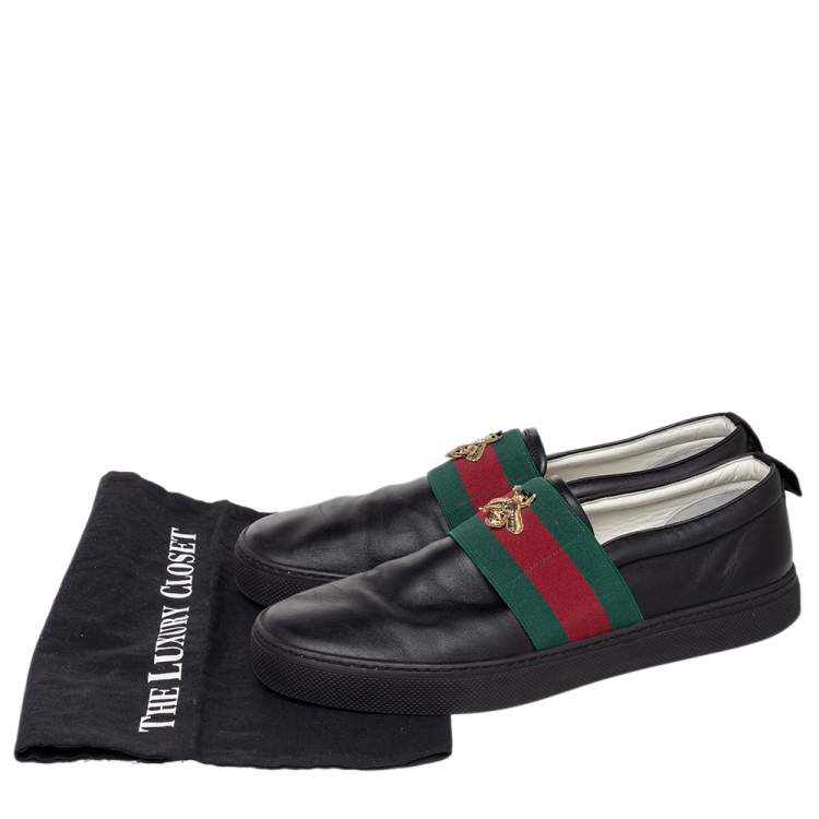 Pre Owned Gucci Black Leather Web and Bee Slip On Sneakers Size 45