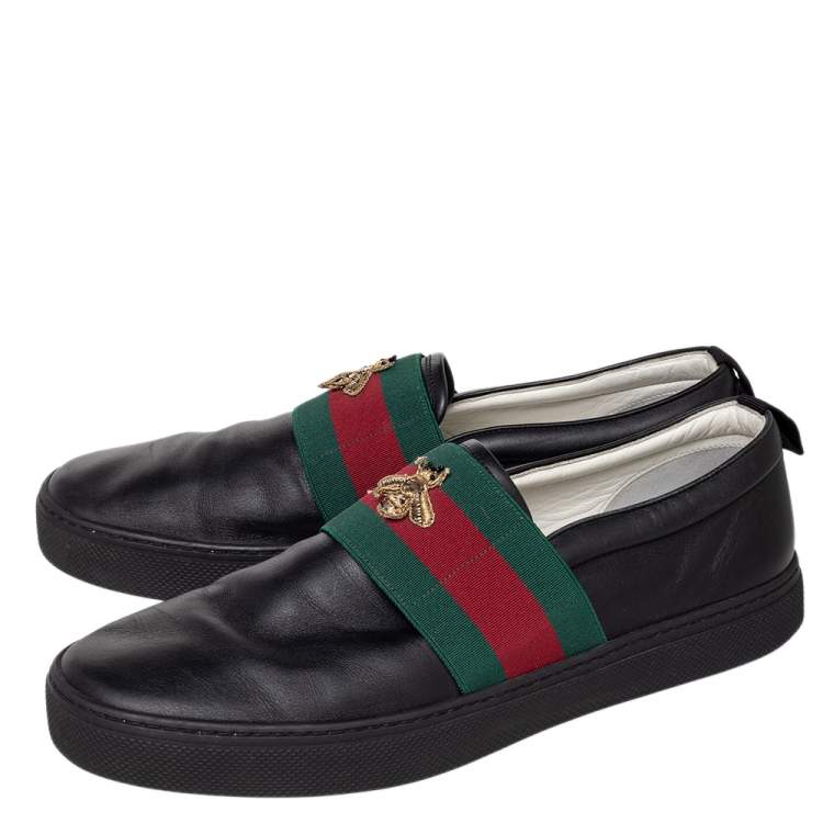 Pre Owned Gucci Black Leather Web and Bee Slip On Sneakers Size 45