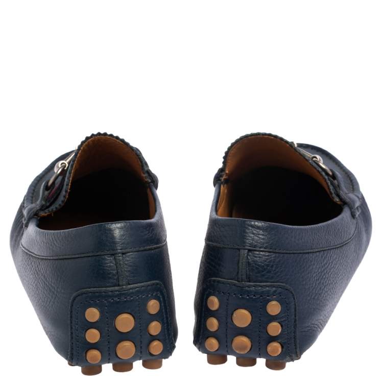 Pre Owned Gucci Navy Blue Leather Horsebit Slip On Loafers Size 43