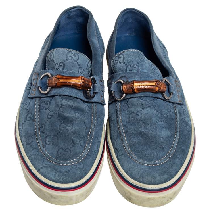 Pre Owned Gucci Blue Guccissima Suede Bamboo Icon Bit Slip On Sneakers Size 43.5