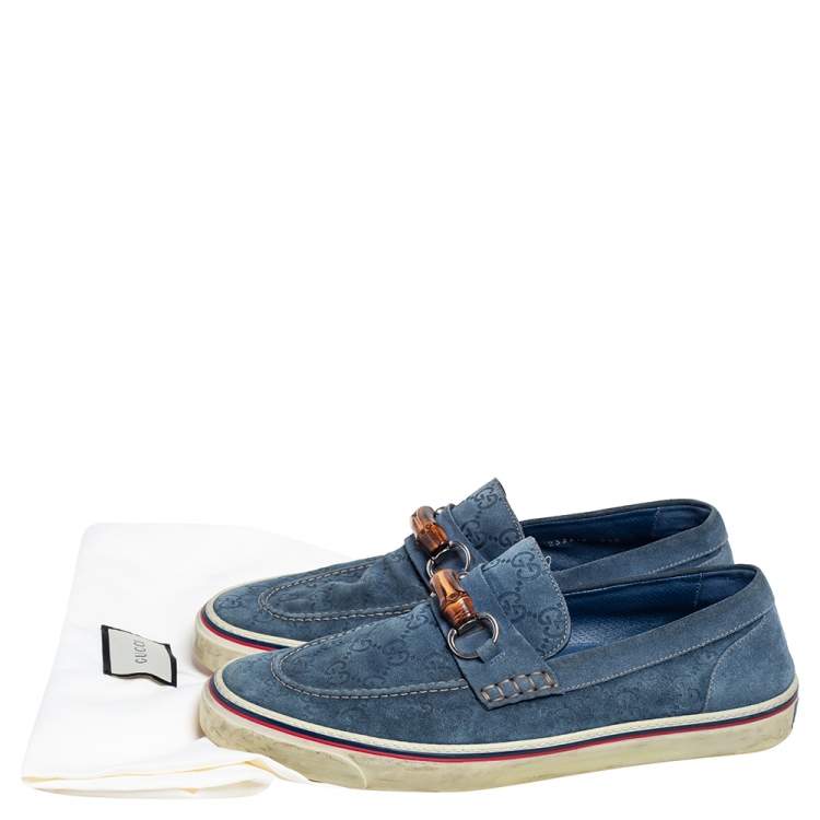 Pre Owned Gucci Blue Guccissima Suede Bamboo Icon Bit Slip On Sneakers Size 43.5