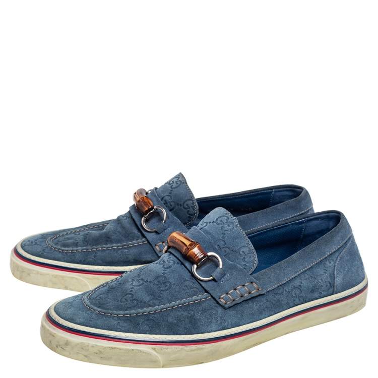 Pre Owned Gucci Blue Guccissima Suede Bamboo Icon Bit Slip On Sneakers Size 43.5