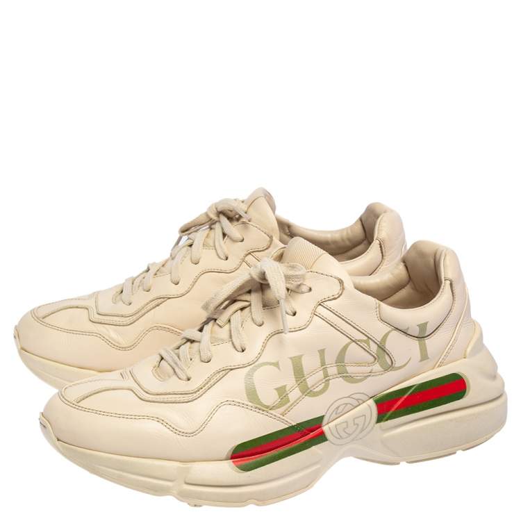 Pre Owned Gucci Cream Leather Rhyton Low Top Sneakers Size 42.5