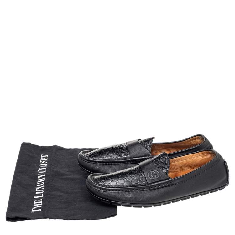 Pre Owned Gucci Black Guccissima Leather GG Slip On Loafers Size 43