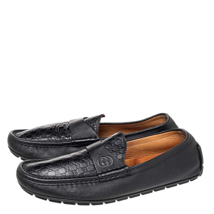 Pre Owned Gucci Black Guccissima Leather GG Slip On Loafers Size 43