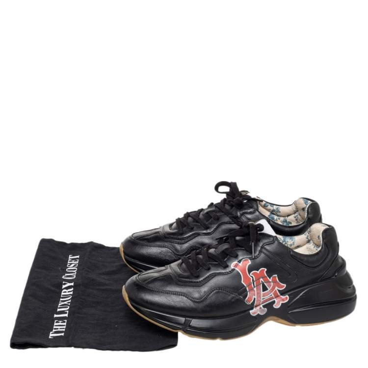 Pre Owned Gucci Black Leather Rhyton LA Angels Prints Low Top Sneakers Size 43