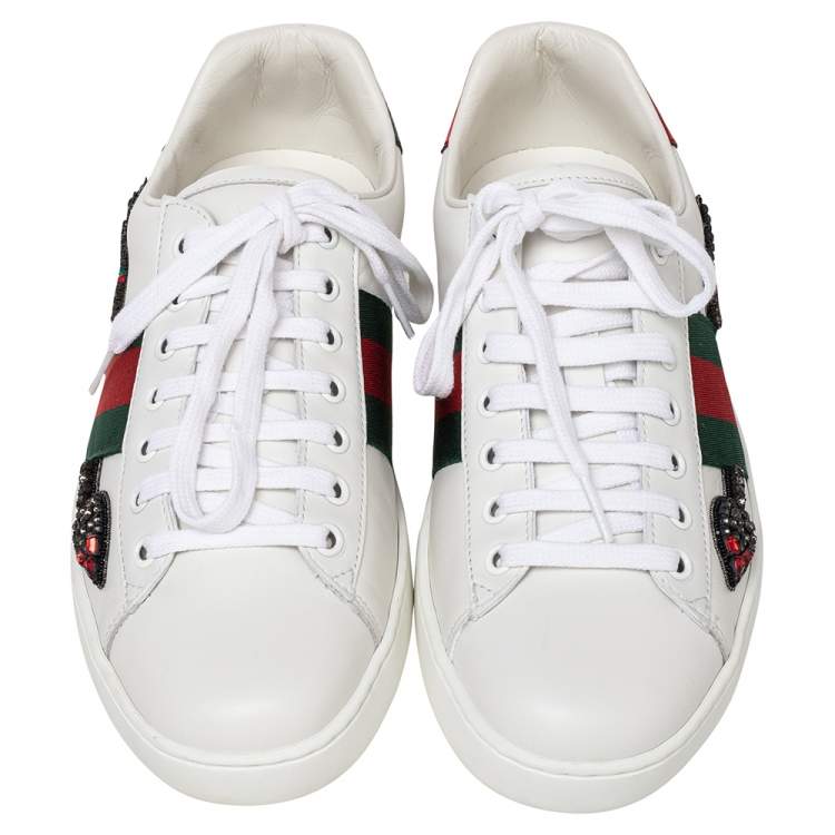 Pre Owned Gucci White Leather Ace Arrow Embellished Low Top Sneakers Size 40.5