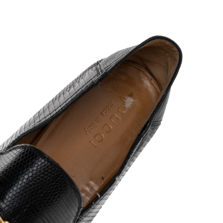 Pre Owned Gucci Black Lizard Embossed Leather Horsebit Slip On Loafers Size 44