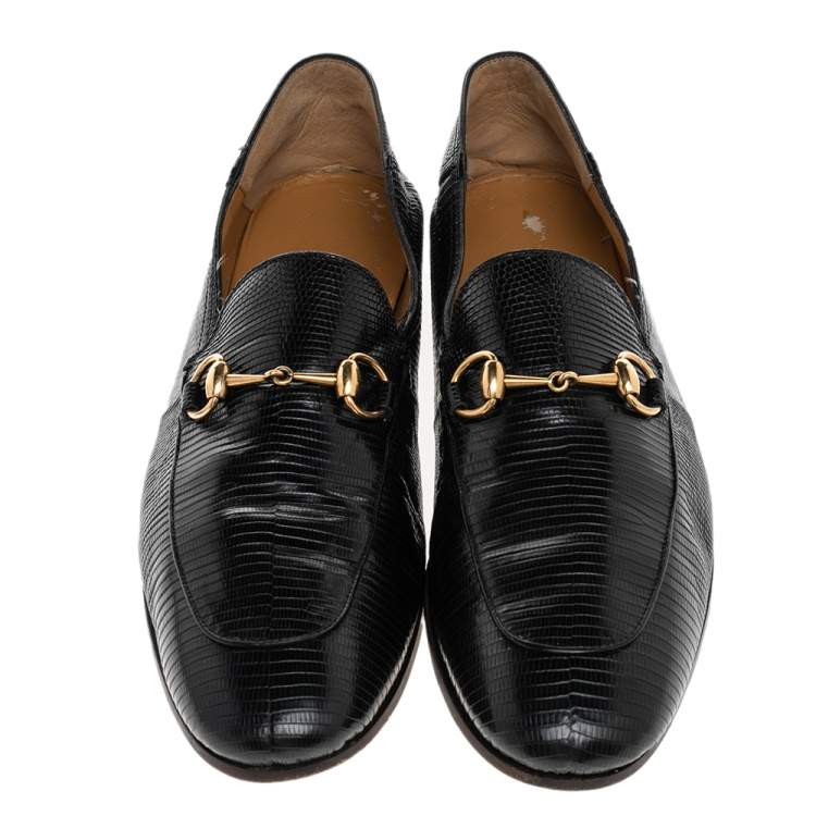Pre Owned Gucci Black Lizard Embossed Leather Horsebit Slip On Loafers Size 44