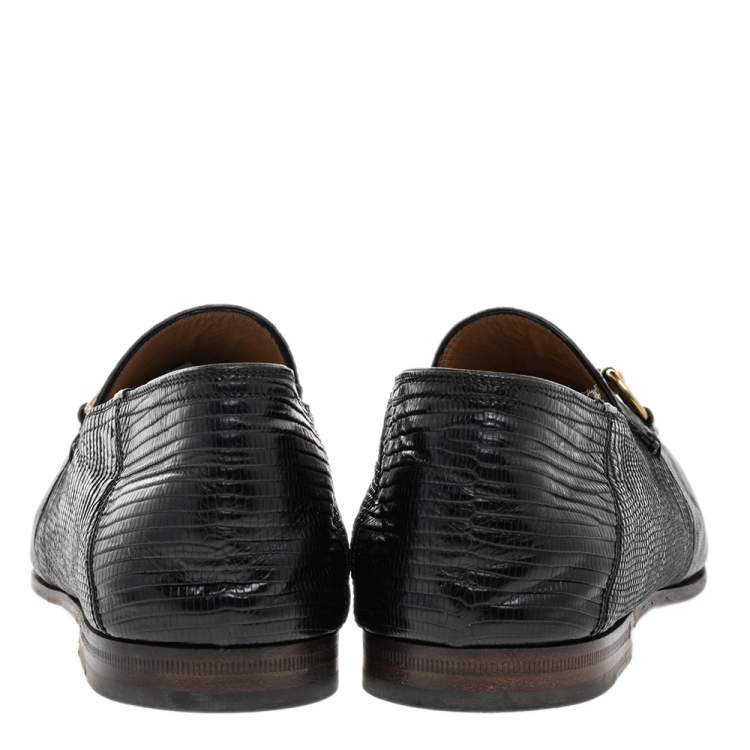 Pre Owned Gucci Black Lizard Embossed Leather Horsebit Slip On Loafers Size 44