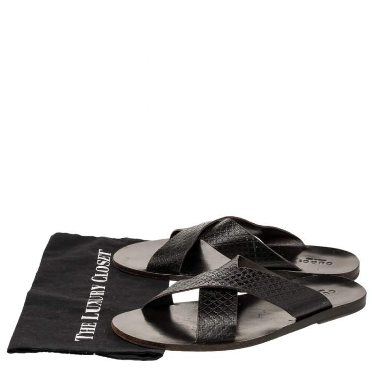 Pre Owned Gucci Dark Brown Diamante Leather Criss Cross Flat Slides Size 45