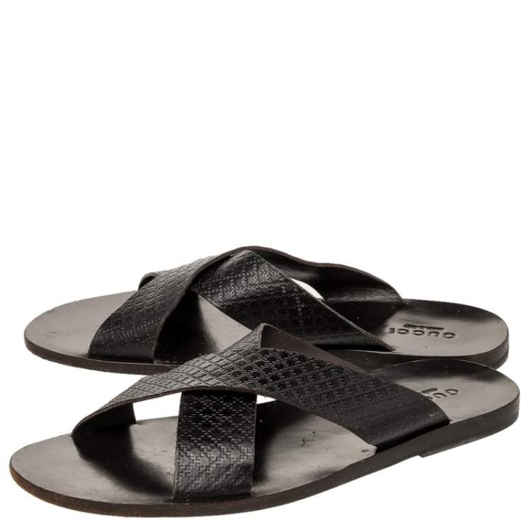 Pre Owned Gucci Dark Brown Diamante Leather Criss Cross Flat Slides Size 45