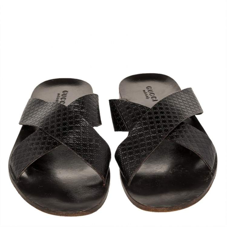 Pre Owned Gucci Dark Brown Diamante Leather Criss Cross Flat Slides Size 45