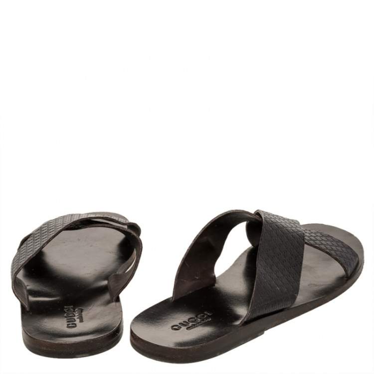 Pre Owned Gucci Dark Brown Diamante Leather Criss Cross Flat Slides Size 45