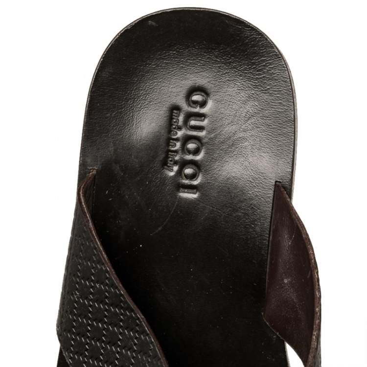 Pre Owned Gucci Dark Brown Diamante Leather Criss Cross Flat Slides Size 45