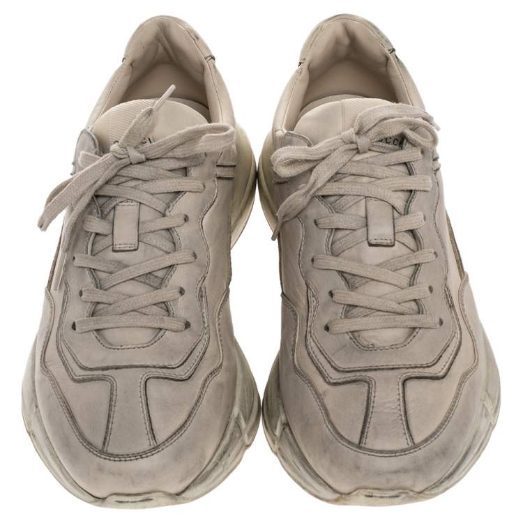 Pre Owned Gucci Ivory White Distressed Leather Rhyton Low Top Sneakers Size 42.5