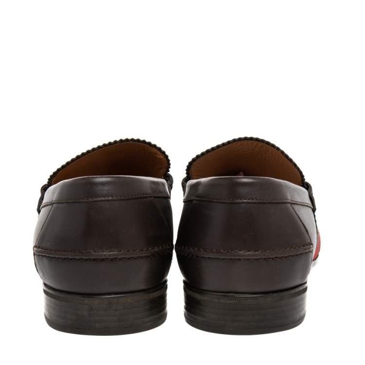 Pre Owned Gucci Dark Brown Leather Web Slip On Loafers Size 41.5