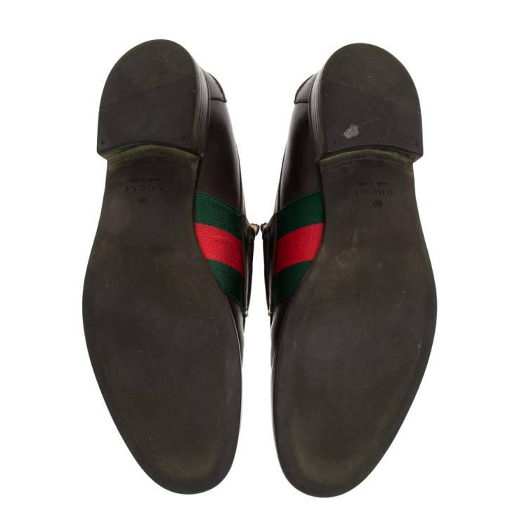 Pre Owned Gucci Dark Brown Leather Web Slip On Loafers Size 41.5