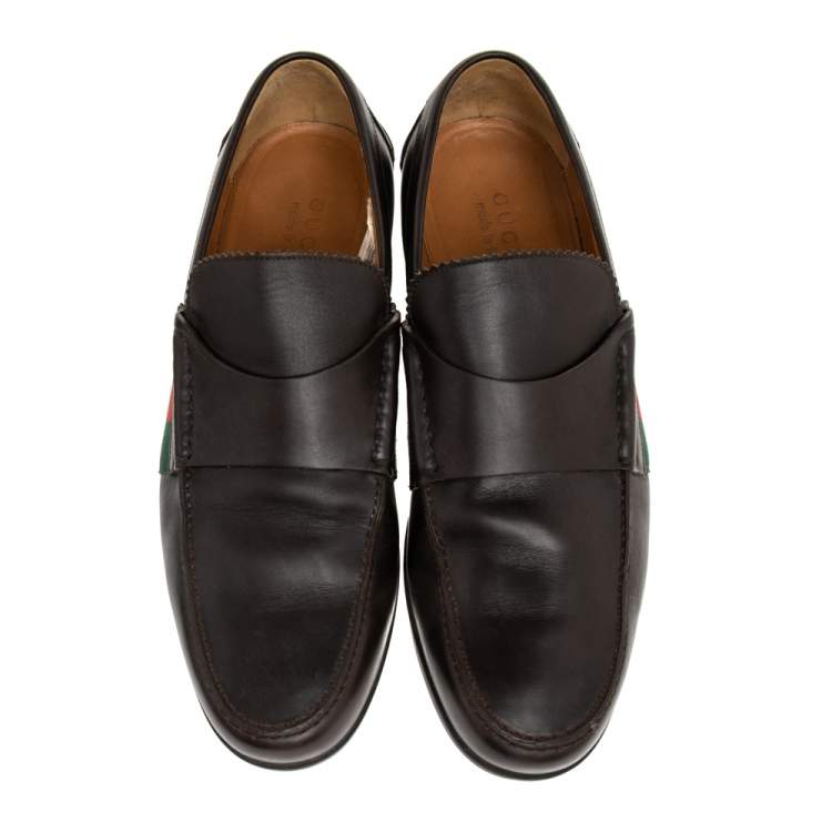 Pre Owned Gucci Dark Brown Leather Web Slip On Loafers Size 41.5