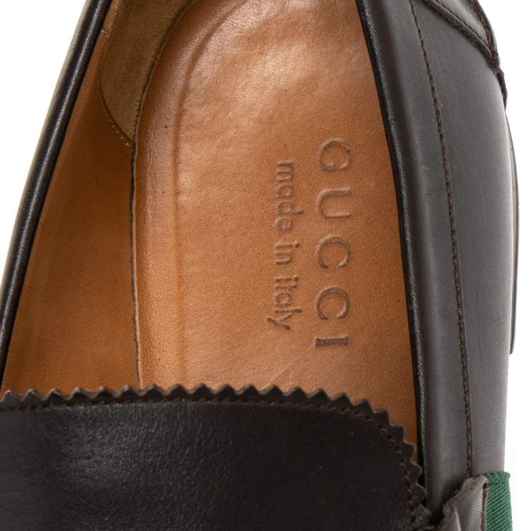 Pre Owned Gucci Dark Brown Leather Web Slip On Loafers Size 41.5