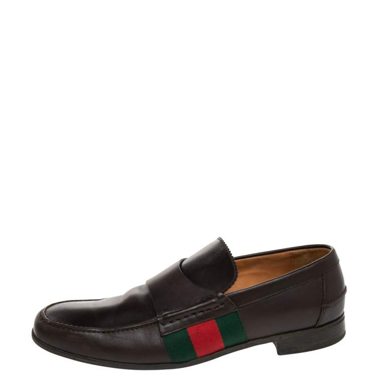Pre Owned Gucci Dark Brown Leather Web Slip On Loafers Size 41.5