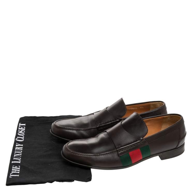 Pre Owned Gucci Dark Brown Leather Web Slip On Loafers Size 41.5