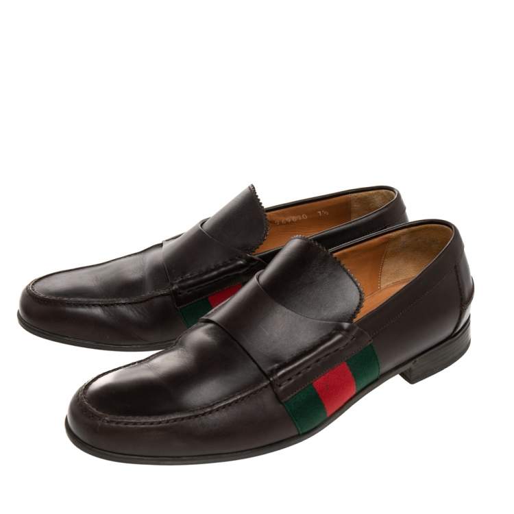 Pre Owned Gucci Dark Brown Leather Web Slip On Loafers Size 41.5