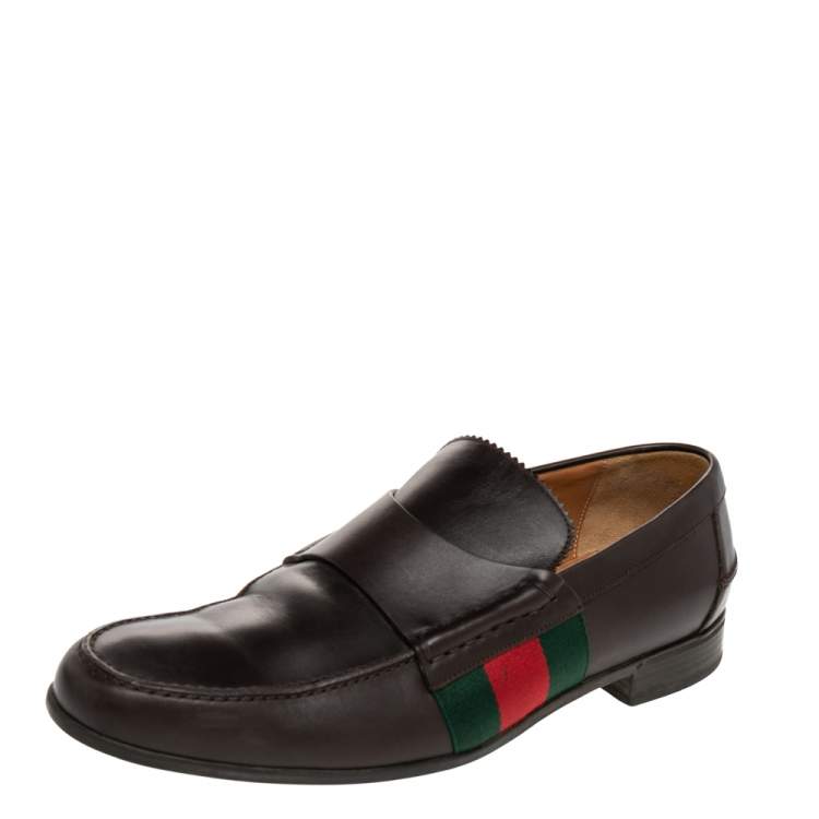 Pre Owned Gucci Dark Brown Leather Web Slip On Loafers Size 41.5