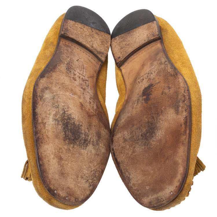 Pre Owned Gucci Yellow Suede Bamboo Tassel Slip On Loafers Size 41