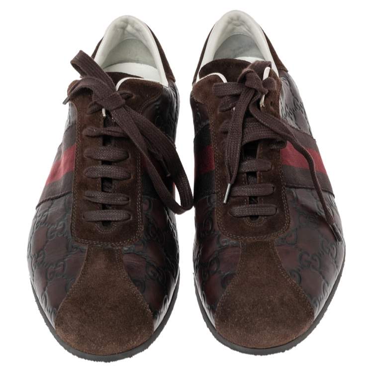 Pre Owned Gucci Brown Guccissima Leather And Suede Web Detail Sneakers Size 41