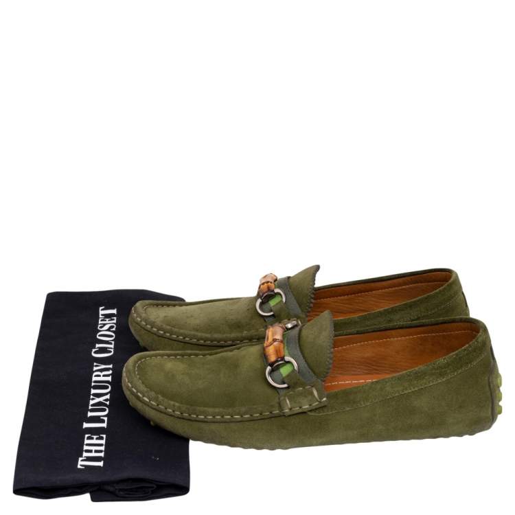 Pre Owned Gucci Green Suede Bamboo Horsebit Slip On Loafers Size 42.5