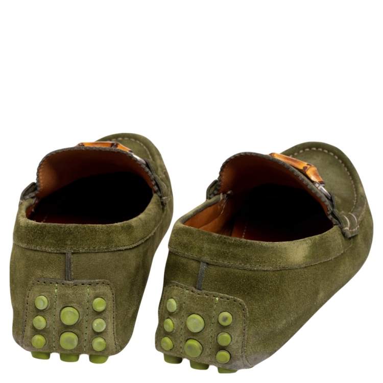 Pre Owned Gucci Green Suede Bamboo Horsebit Slip On Loafers Size 42.5