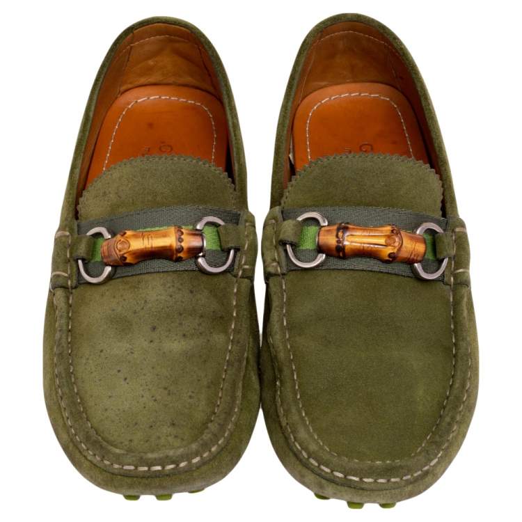 Pre Owned Gucci Green Suede Bamboo Horsebit Slip On Loafers Size 42.5