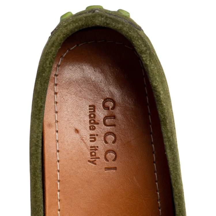 Pre Owned Gucci Green Suede Bamboo Horsebit Slip On Loafers Size 42.5