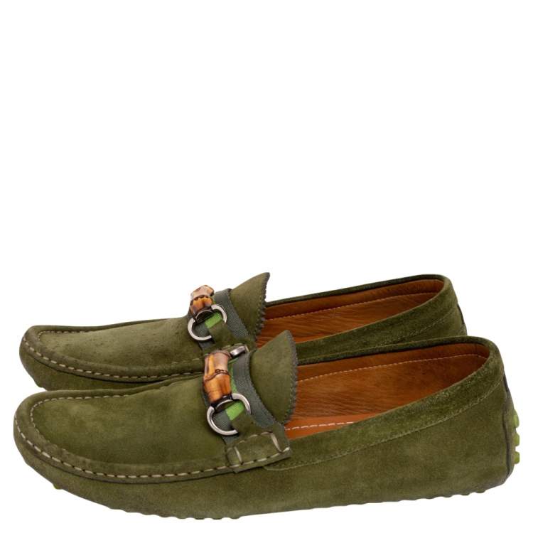 Pre Owned Gucci Green Suede Bamboo Horsebit Slip On Loafers Size 42.5