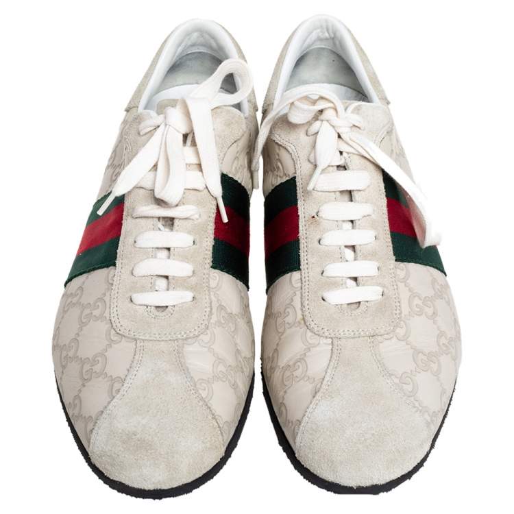 Pre Owned Gucci Off White Guccissima Leather and Suede Web Low Top  Sneakers Size 40
