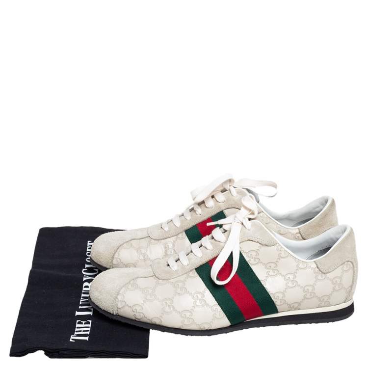 Pre Owned Gucci Off White Guccissima Leather and Suede Web Low Top  Sneakers Size 40