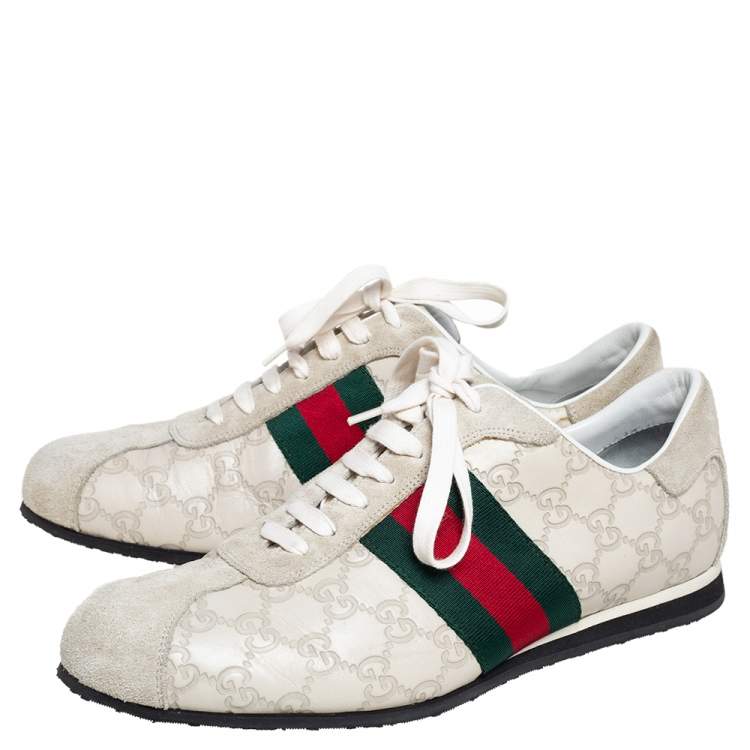 Pre Owned Gucci Off White Guccissima Leather and Suede Web Low Top  Sneakers Size 40
