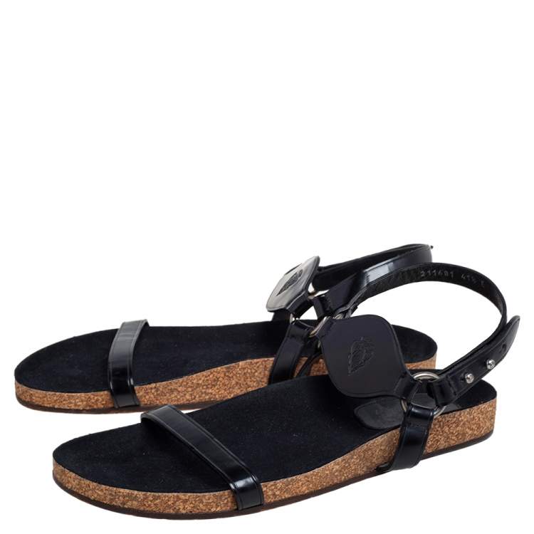 Pre Owned Gucci Black Glossy Leather Ankle Strap Flat Sandals Size 41.5