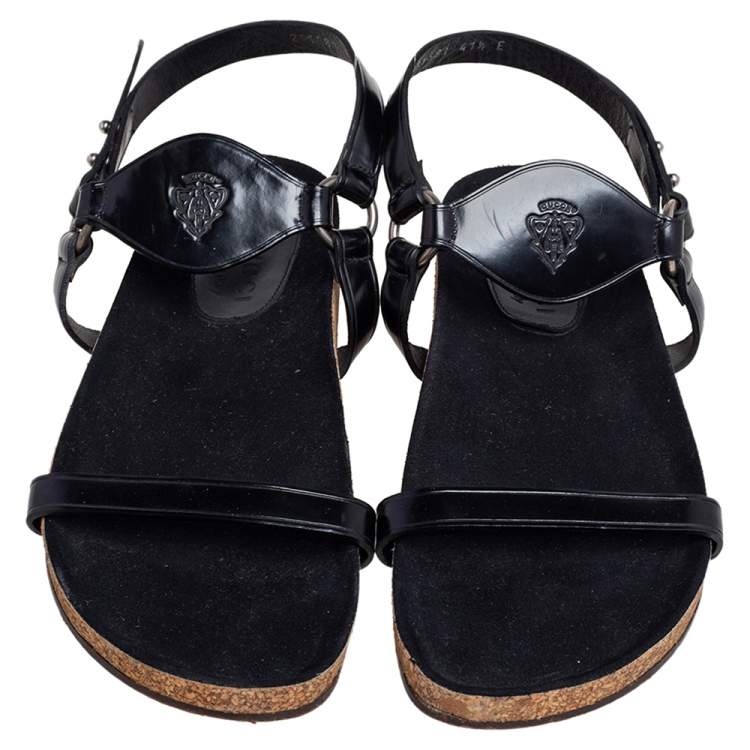 Pre Owned Gucci Black Glossy Leather Ankle Strap Flat Sandals Size 41.5